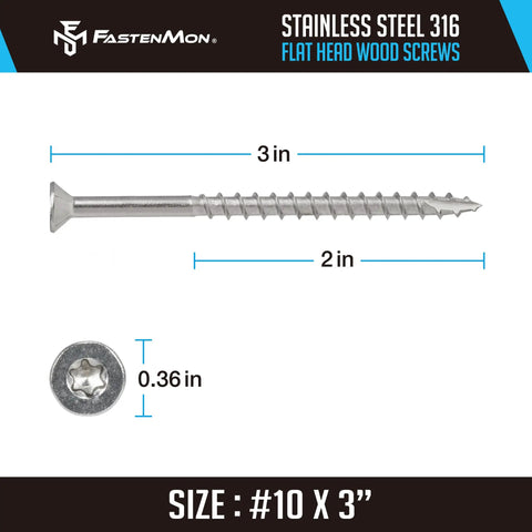 Heavy Duty 10 X 3 Inch Type 316 Marine Grade Stainless Steel Wood Screws With Torx T25 Flat Head showing dimensions.