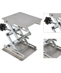 Adjustable Stainless Steel Lab Lift Table With Smooth Flat Surface For Welding Positioner Shop Rig Heavy Duty Support Stand Built Like A Tank And Rust Resistant, shown in lifting position.