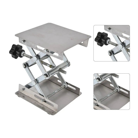 Adjustable Stainless Steel Lab Lift Table With Smooth Flat Surface For Welding Positioner Shop Rig Heavy Duty Support Stand Built Like A Tank And Rust Resistant, shown in lifting position.