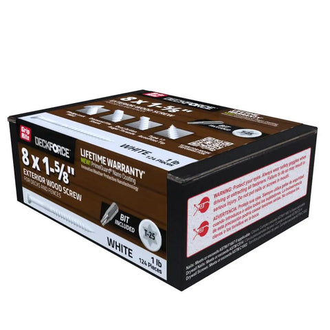 Box of Exterior Wood Screws For Decks And Fences With PrimeGuard Nano Coating For Tough As Nails Outdoor Durability And Corrosion Resistance T 17 Autopilot Tip White No 8 By 1 5 8 Inch 1 Lb