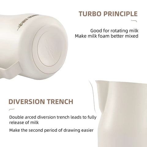 Milk Frothing Pitcher 12oz 350ml Stainless Steel For Espresso And Latte Art showcasing turbo design and diversion trench.