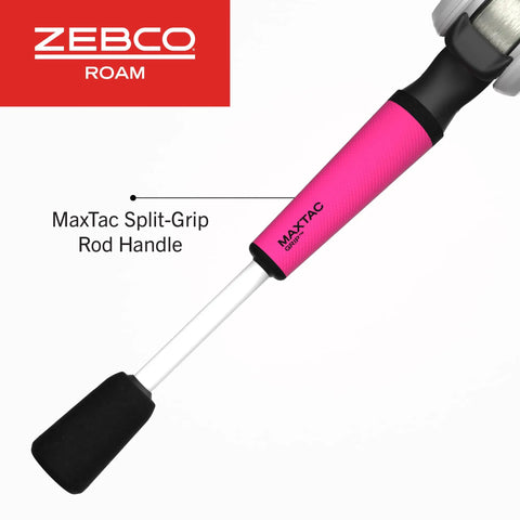 Close-up of pink MaxTac split-grip handle on Go To Freshwater Baitcast Reel And Fishing Rod Combo For Anglers 6 Foot 6 Inch