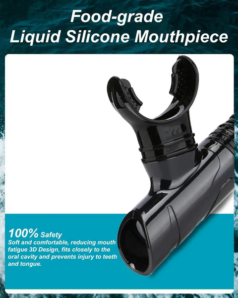 Close-up of food-grade silicone mouthpiece on dry snorkel with top dry valve for splash proof breathing while snorkeling.