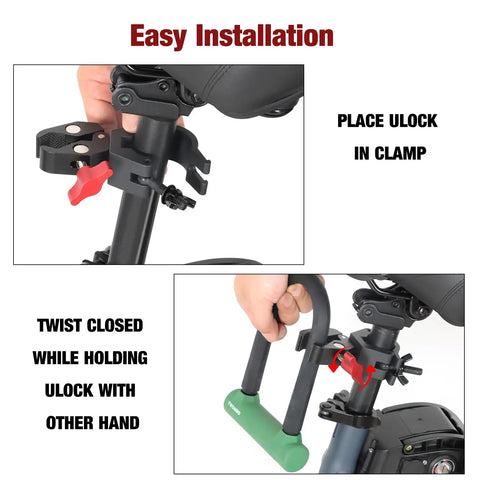 Easy installation of Beefed-Up U Lock Holder Clamp For Heavy Duty Bike Locks on round tube frame with hand demonstrating use