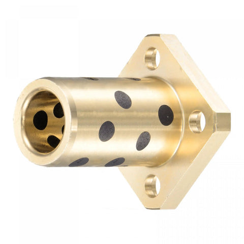 Pro Grade Sleeve Bearings With Square Flanged Heads Featuring Hassle Free Self Lubricating Graphite Bushings 12mm Bore And 18mm OD Plus 35mm Length showing brass bearing with graphite lining and flanged head.