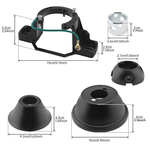 Universal Ceiling Fan Mounting Bracket Kit With Decorative Cover And Hardware For 1 Inch Down Rod And 30 Degree Slope Install Heavy Duty Carbon Steel 50 Pound Support, showing all components with measurements.