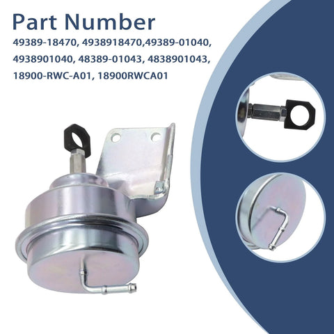 Turbo wastegate vacuum actuator front view; metallic silver with mounting bracket and hose port