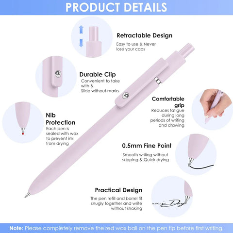 Product details of 7 Pack 0.5mm Quick Dry Gel Pens With Fine Point Smooth Writing Black Ink For Journaling Note Taking And Office School Desk Accessories That Make Great Gifts For Women Men, featuring pen design highlights like retractable design, durable clip, and 0.5mm fine point.