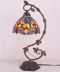 Dragonfly Tiffany Style Table Lamp With Blue And Yellow Stained Glass Shade Bronze Metal Leaf Base 21 Inch Tall 8 Inch Wide Shade