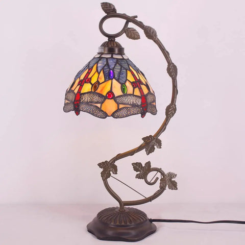 Dragonfly Tiffany Style Table Lamp With Blue And Yellow Stained Glass Shade Bronze Metal Leaf Base 21 Inch Tall 8 Inch Wide Shade