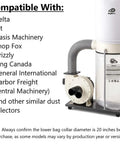 Pro Grade 20 Inch Diameter 5 Micron Dust Filter Bag compatibility list with various brands and a visible dust collector system.