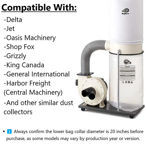 Pro Grade 20 Inch Diameter 5 Micron Dust Filter Bag compatibility list with various brands and a visible dust collector system.