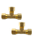 Two brass 3/8-inch compression tee fittings with threaded ends and compression nuts