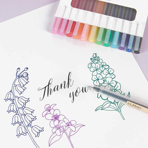 Ultra Fine Point 0.38mm Gel Pens Set, 12 Dope Colors For Note Taking, journaling with floral and 'thank you' design