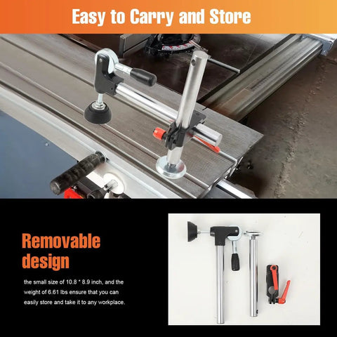 Dead Legit Sliding Table Saw Clamp And Presser Featuring Rugged Cast Iron Build With Comfy Anti Slip Grip For Precision Woodworking, easily removable design.