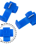 Get These 100 Blue Quick Splice Wire Connectors For Your Auto Electrical Setup. These T-Tap IDC Crimp Terminals Make AWG 14-16 Wire Splicing Easy Peasy Without Stripping Cables. blue plastic metal wire splice connectors, close-up