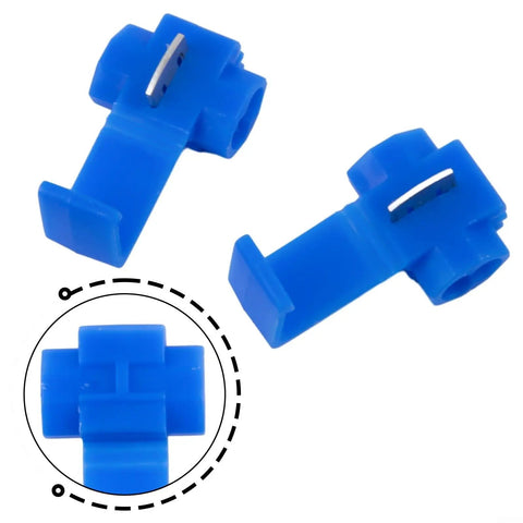 Get These 100 Blue Quick Splice Wire Connectors For Your Auto Electrical Setup. These T-Tap IDC Crimp Terminals Make AWG 14-16 Wire Splicing Easy Peasy Without Stripping Cables. blue plastic metal wire splice connectors, close-up