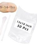 13x18 Inch Poultry Shrink Bags 50 Pack With Zip Ties And Air Straw, Heat Shrink Freezer Safe Chicken Bags For Fresh Meat Storage, No-Fuss Anti-Caking Powder Keeps Bags From Sticking., 50 clear bags, ties, and straw shown with chicken for 5-14 lbs