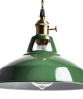 Totally Sleek Modern Green Plug In Pendant Light Featuring Heavy Duty Metal Barn Style Hanging Swag Lamp With Retro Macaron Shade close up detail.