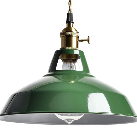 Totally Sleek Modern Green Plug In Pendant Light Featuring Heavy Duty Metal Barn Style Hanging Swag Lamp With Retro Macaron Shade close up detail.