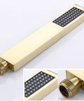 Slick Wall Mounted Rain Shower System Featuring Water Powered Led Digital Display And Easy Grip Single Lever Controls Includes Heavy Duty Eight Inch Brushed Gold Rainhead Paired With Reliable Handheld Shower Wand close-up of brushed gold shower wand with black silicone jets