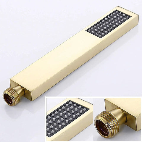 Slick Wall Mounted Rain Shower System Featuring Water Powered Led Digital Display And Easy Grip Single Lever Controls Includes Heavy Duty Eight Inch Brushed Gold Rainhead Paired With Reliable Handheld Shower Wand close-up of brushed gold shower wand with black silicone jets