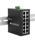 Rugged Industrial 12 Port Gigabit Ethernet Switch Unmanaged Outdoor Network Switch with auto negotiation RJ45 ports, mounted on DIN rail