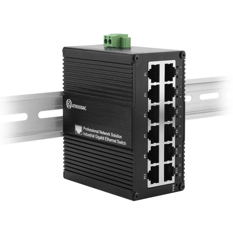 Rugged Industrial 12 Port Gigabit Ethernet Switch Unmanaged Outdoor Network Switch with auto negotiation RJ45 ports, mounted on DIN rail
