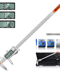 All Metal 12 Inch Digital Caliper Measuring Tool with Large LCD Screen, includes spare batteries, back cover, ruler, and screwdriver.