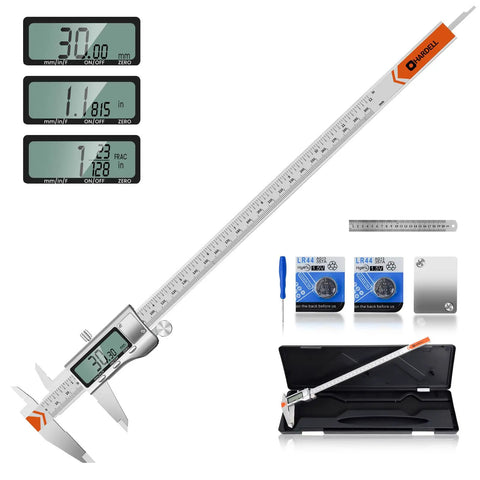 All Metal 12 Inch Digital Caliper Measuring Tool with Large LCD Screen, includes spare batteries, back cover, ruler, and screwdriver.
