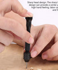 Close-up of hand using aluminum pin vise from 57Pcs Pin Vise Hand Drill Bits Set For Crafting And Diy Projects on wood