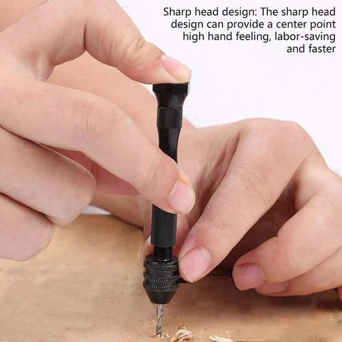 Close-up of hand using aluminum pin vise from 57Pcs Pin Vise Hand Drill Bits Set For Crafting And Diy Projects on wood