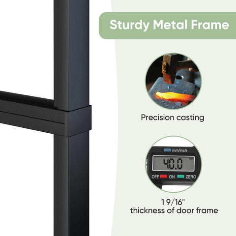 Close-up of black carbon steel frame for Two 36 Inch By 84 Inch Frosted Glass Barn Door Panels With Top Mounted Hardware And Soft Close Kit