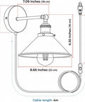 LEDSone Chrome Plug in Wall Sconce E26 Adjustable Cone Shade Wall Light dimensions drawing with cable length.