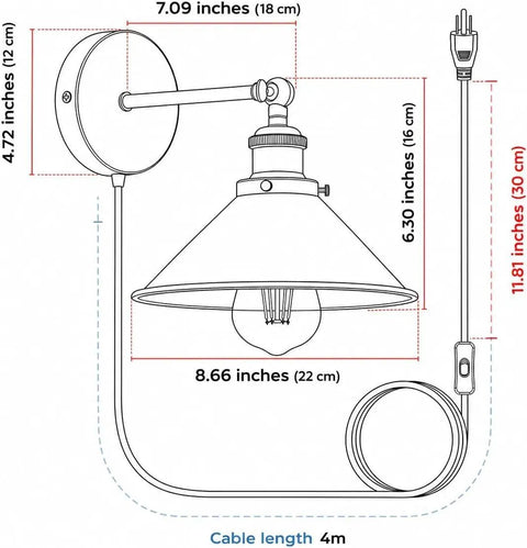 LEDSone Chrome Plug in Wall Sconce E26 Adjustable Cone Shade Wall Light dimensions drawing with cable length.