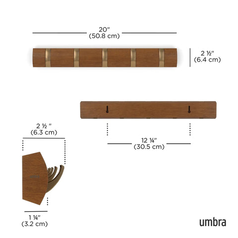 Flip Wall Mounted Coat Rack With Retractable Hooks, showing dimensions and side view in Light Walnut and Gold finish