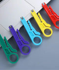 Five color-coded tools from Pocket Size Six Piece Wire Stripper Set For RJ45 Cat5 Cat6 Data Cables And Telephone Lines