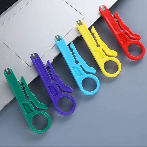 Five color-coded tools from Pocket Size Six Piece Wire Stripper Set For RJ45 Cat5 Cat6 Data Cables And Telephone Lines