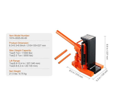 Heavy Duty Hydraulic Toe Jack With 2.5 Ton Lift Capacity And Smooth Auto Retraction Brings Hella Punch To Any Tricky Garage Or Workshop Lifting Project Today, showing dimensions and components.