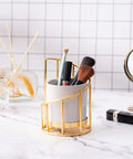 White And Gold Ceramic Pen Holder With Metal Frame For Desk Aesthetic Pencil Cup And Makeup Brush Organizer Chic Office
