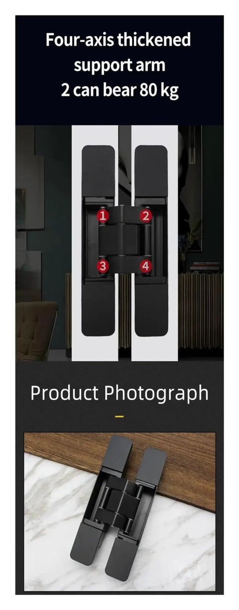 Two Pack 80Kg Three Way Adjustable Concealed Door Hinge For Wood Doors in matte black, shown open and closed.
