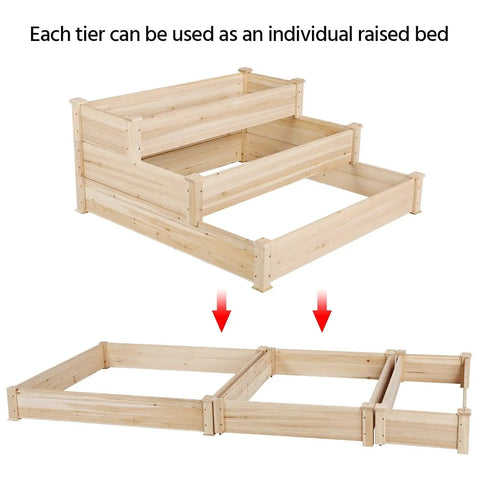 Three Tier Raised Garden Bed With 47 Inch Square Footprint And 22 Inch Height Wooden Planter displayed as assembled and disassembled