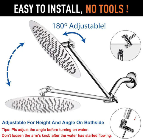 12 Inch Rainfall Shower Head With 11 Inch Brass Adjustable Arm High Pressure Stainless Steel Chrome Finish shown with adjustment features