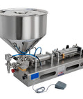 Top Shelf Pneumatic Horizontal Paste Filler With Slick Drip Free Performance And No Sweat Hassle Setup For Ketchup Honey Oil Lubricant Shampoo Cream 500 To 5000 Ml, stainless steel machine with large funnel.