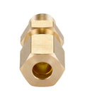 Close-up brass compression straight pipe fitting, 1/4 in tube OD x 1/4 in NPT male, hex body