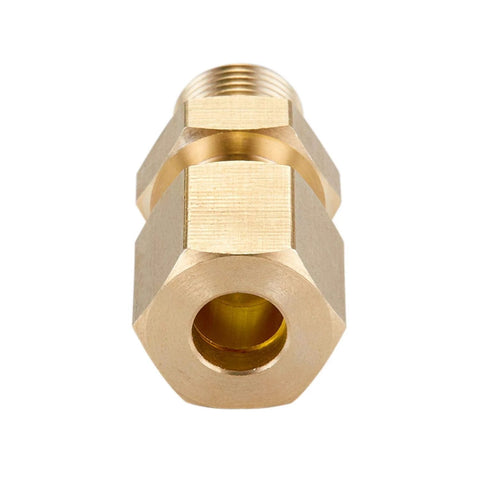 Close-up brass compression straight pipe fitting, 1/4 in tube OD x 1/4 in NPT male, hex body