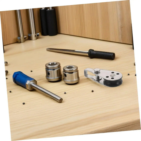 Beefy Heavy Duty Stainless Steel Pulley Block Set For Boats Kayaks And Yachts, shown with tools on a wooden bench