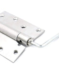 Badass Stainless Steel Double Spring Hinges 4 Inch close up showing a hinge plate and adjustment tool for hidden door hardware.