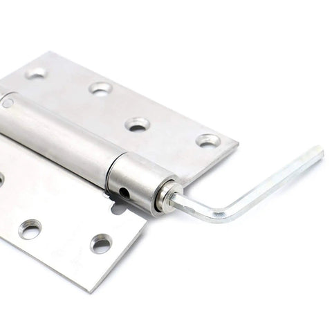 Badass Stainless Steel Double Spring Hinges 4 Inch close up showing a hinge plate and adjustment tool for hidden door hardware.