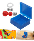 Pendulum Ball Set For Classroom Physics And Science Education, Multi Ball Kit open blue box with metal and red balls on display